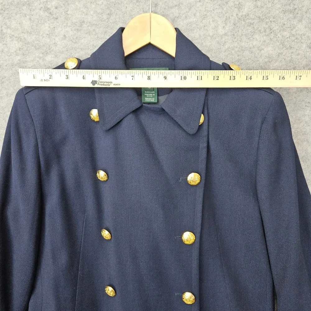 Ralph Lauren Women's Navy Blue Trench Coat Size 10 Wool Military Crest Buttons‎